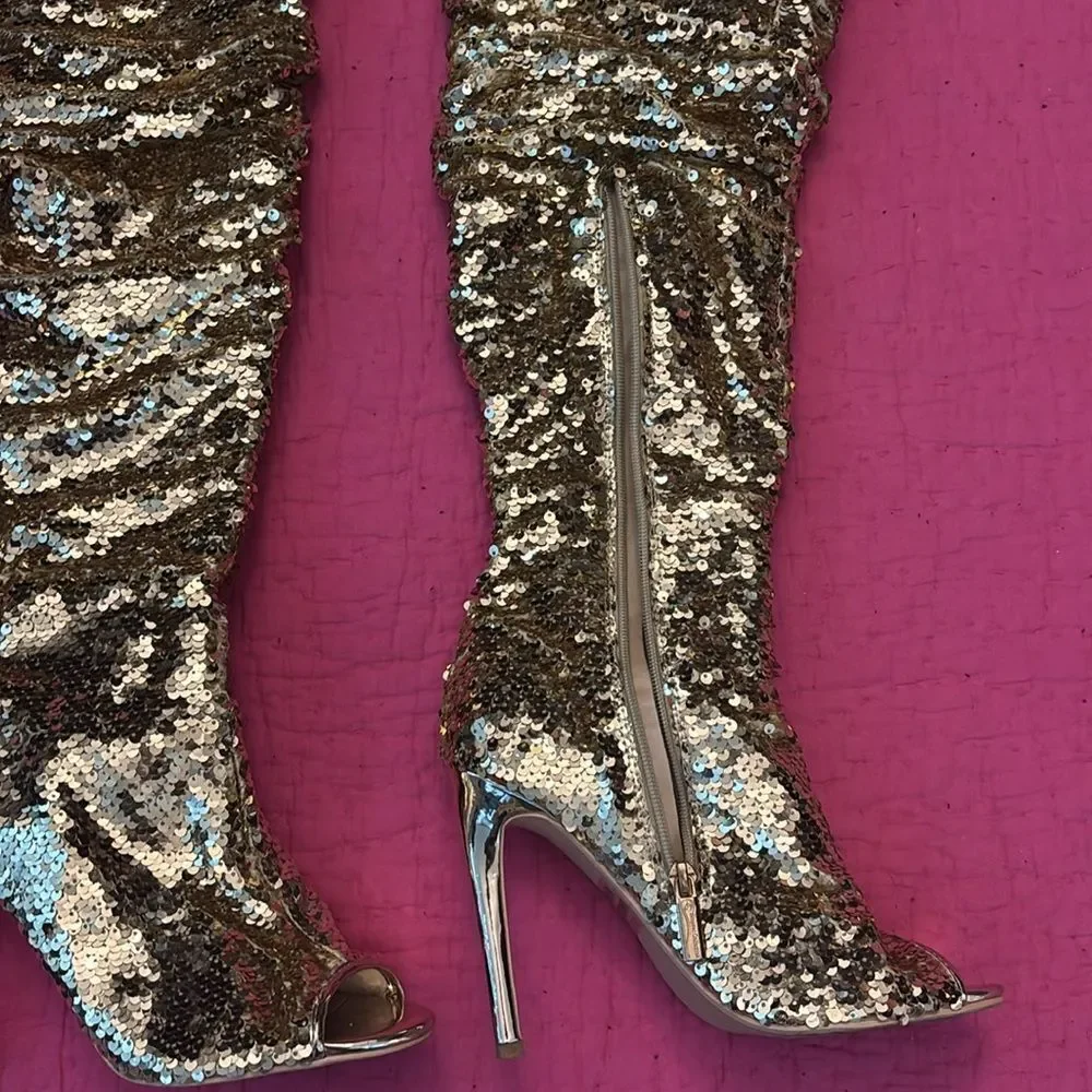 Elegant Collection Gold Sequin Over-the-Knee ruched open toe Boots, US7